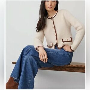 NEW $149 ANN TAYLOR Cream brown faux suede trim sweater jacket cardigan sz XSP